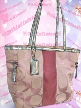 Coach Y2K Pink Signature Stripe Tote with Silver Metallic Trim